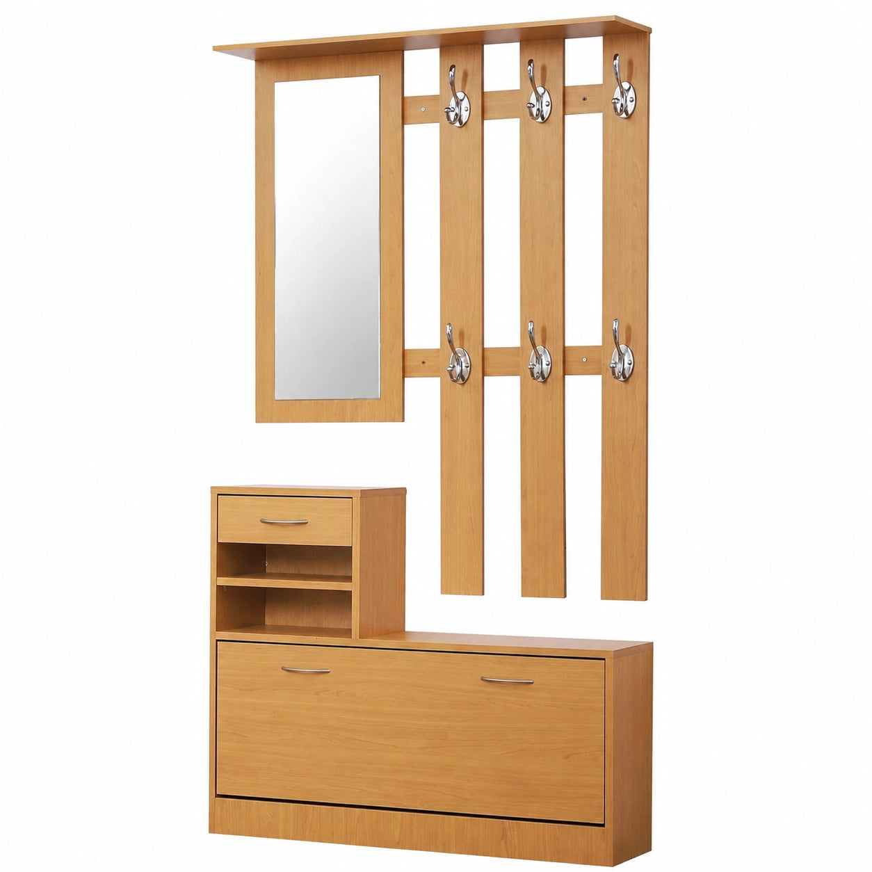 Specchio Color Noce, Moderno, Appendiabiti da Ingresso con 6 Ganci, 2 Ripiani Regolabili, Cassetti in Legno