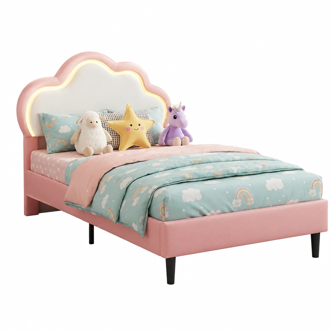 Letto Imbottito per Bambino 90 × 200, Letto per Bambino con LED, Letti Principessa per Ragazza, Letti per Adolescenti Ragazza (Rosa+Cuoio, 90 × 200