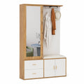 Armadio da ingresso, set appendiabiti con specchio, scarpiera, scarpiera con gancio e barra estensibile, 100 × 38 × 180 cm (colore bianco e legno)