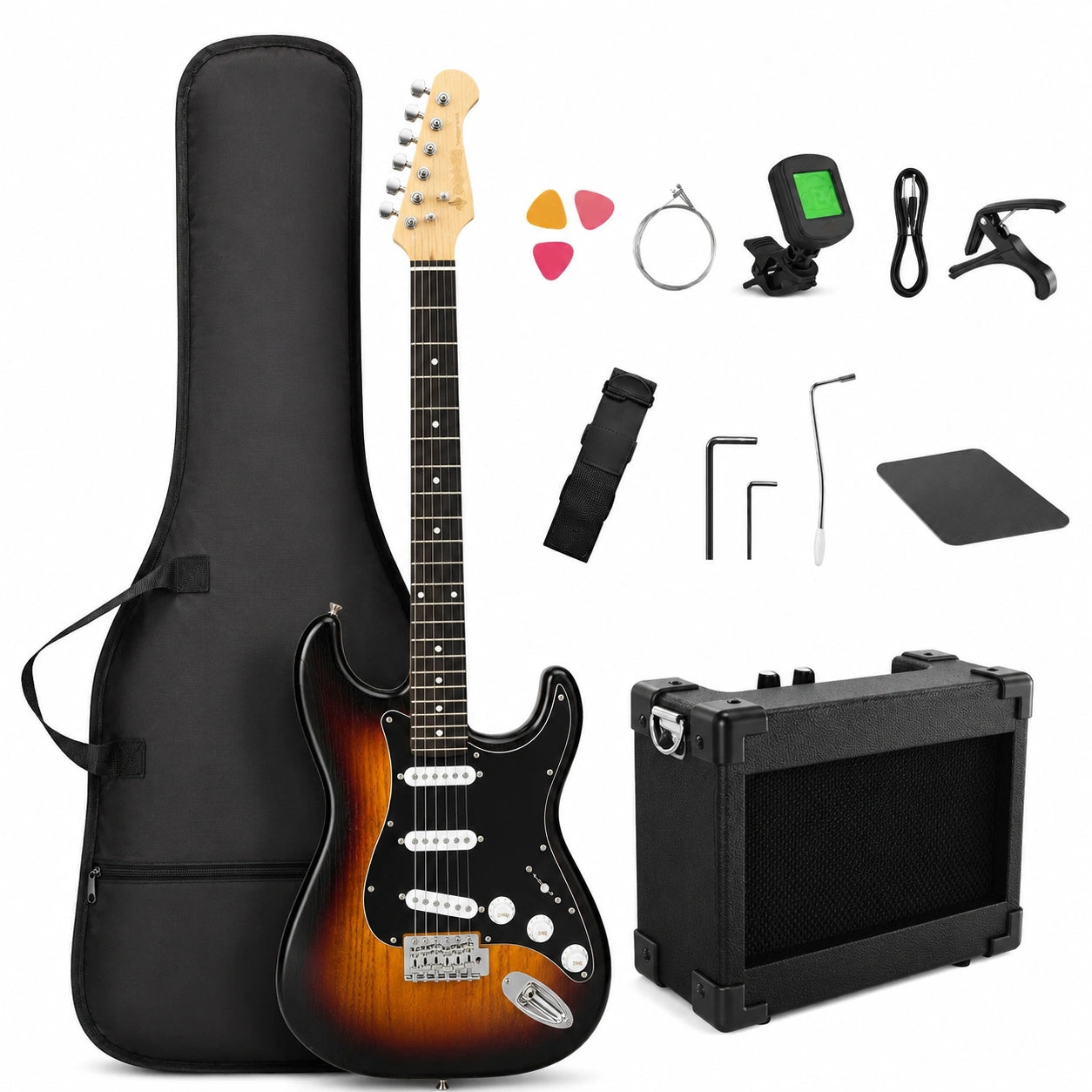 E-Guitar set Completo per Principianti da 39' con Amplificatore, Pickup SSS Classico, Include Gig Bag, Accordatore, Capotasto