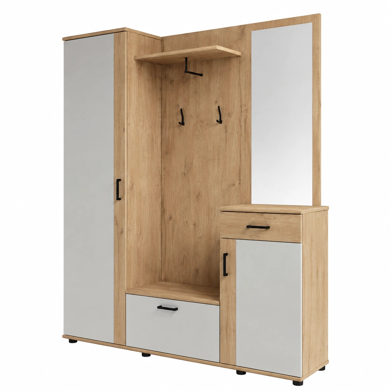 Armadio da ingresso in legno laminato con specchio incluso, disponibile in tre colorazioni. Dimensioni: LAP 145 × 188 × 30 cm