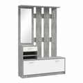 Specchio Grigio Chiaro, Moderno, Appendiabiti da Ingresso con 6 Ganci, 2 Ripiani Regolabili, Cassetti in Legno
