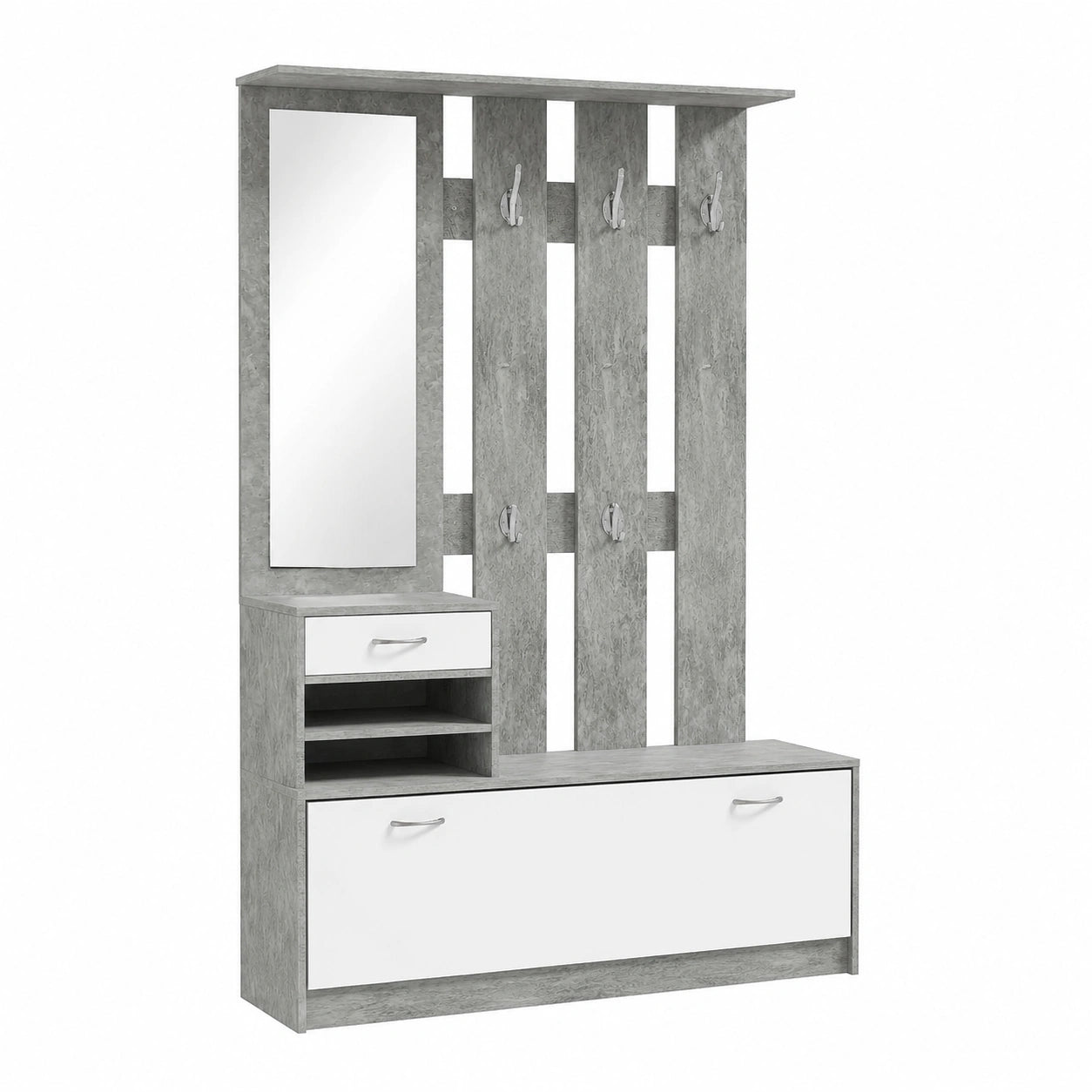Specchio Grigio Chiaro, Moderno, Appendiabiti da Ingresso con 6 Ganci, 2 Ripiani Regolabili, Cassetti in Legno