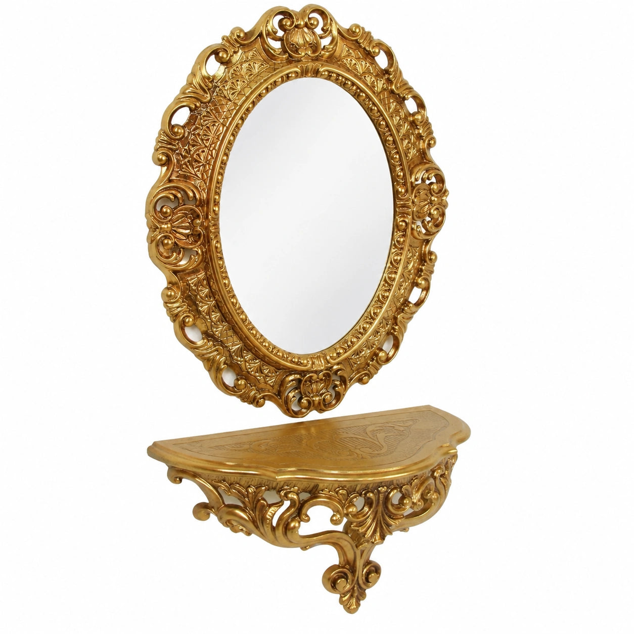Specchio Ovale più Mensola Consolle Oro Stile Barocco Finto vintage Dorato