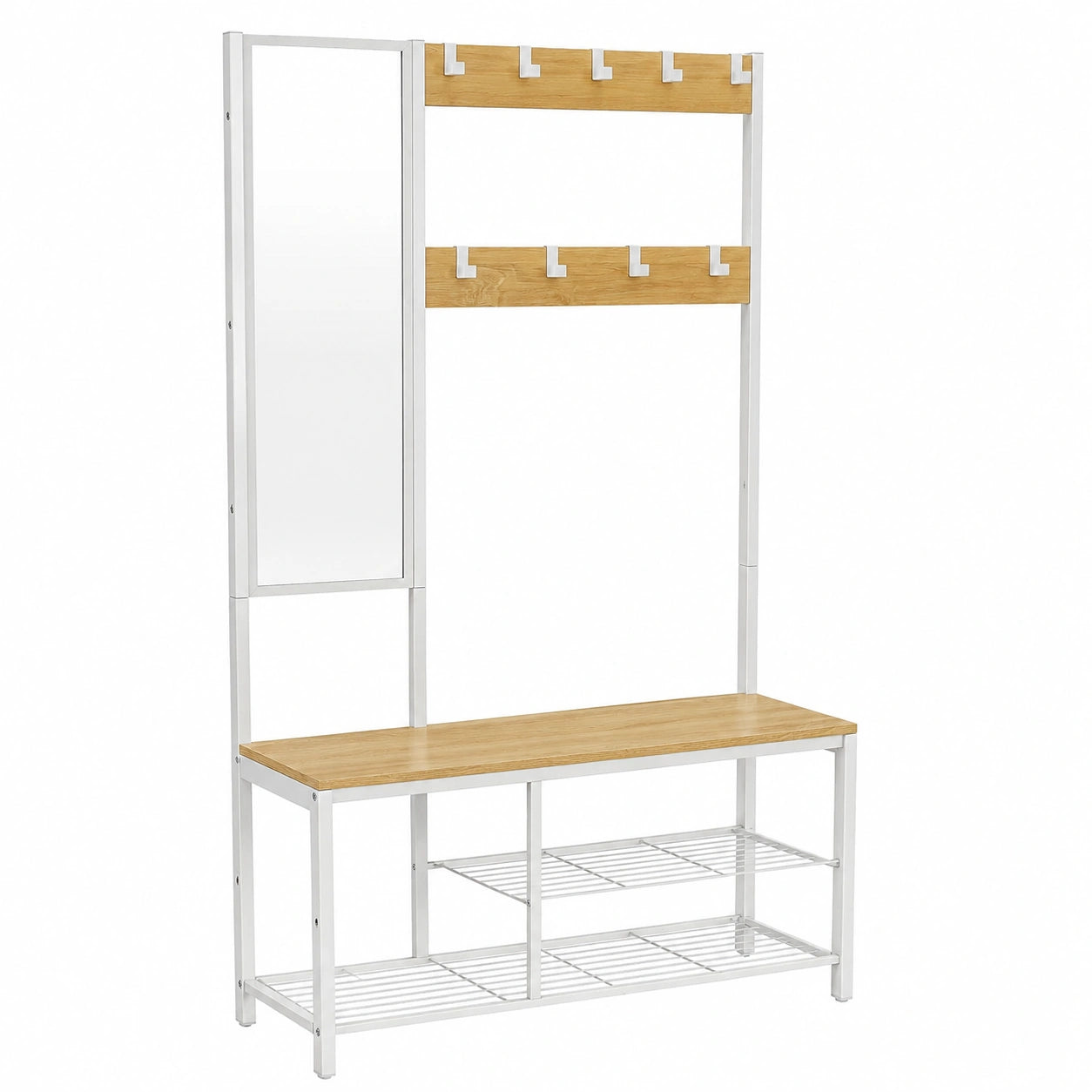 Appendiabiti, Mobile Ingresso con Ganci, Specchio, Panca Scarpiera e Ripiani, 36 × 98 × 185 cm