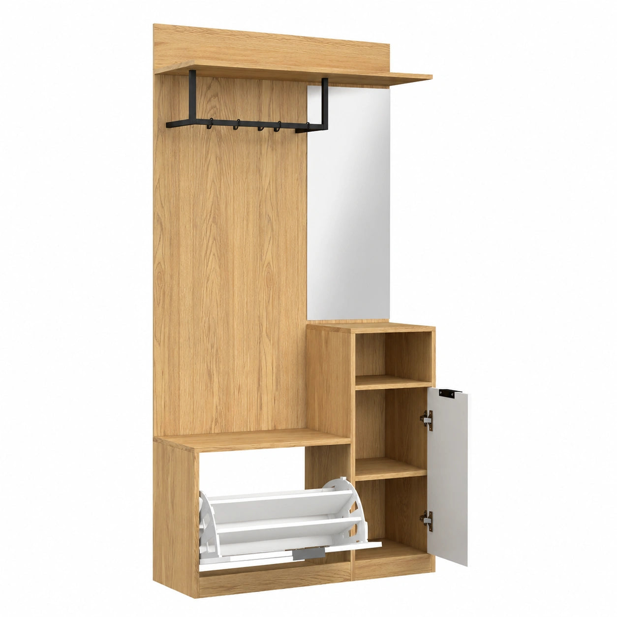 Appendiabiti da Ingresso con Specchio, 4 Ganci, Rovere Bianco, Panca e Mobile Ingresso con Scarpiera, Armadietto e Ripiano Aperto