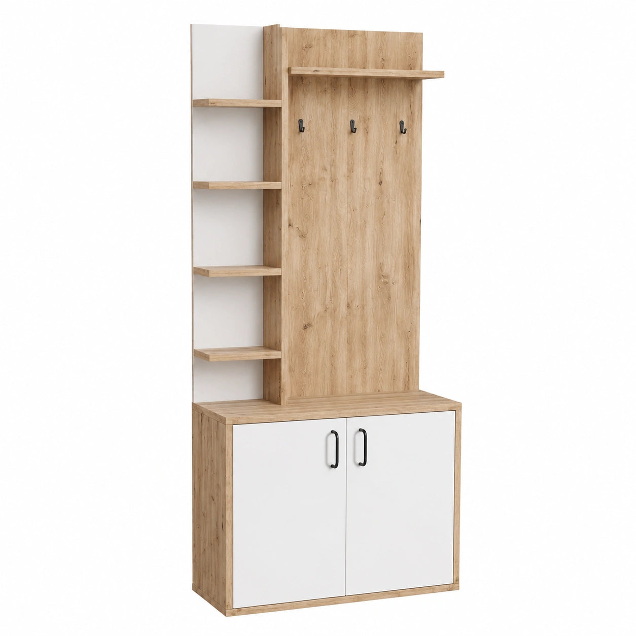 Appendiabiti da corridoio con 4 ganci appendiabiti e scaffali aperti, guardaroba compatto con scarpiera, per ingresso, corridoio, colore legno