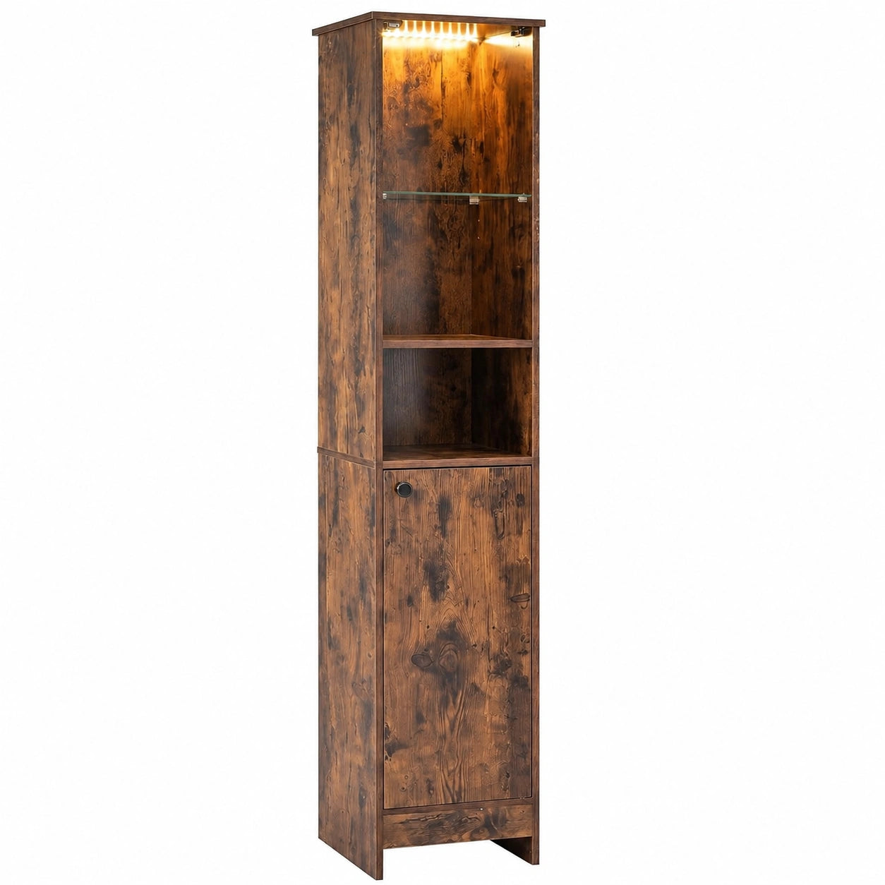 Mobile Alto da Bagno, Mobiletto a Colonna Stretto con Luci LED e Telecomando, Ante in Vetro e Mensole Regolabili, Armadio Salvaspazio a Terra